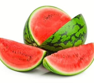 Fresh slices of ripe watermelon with bright red flesh and black seeds, highlighting the juicy and refreshing flavor.
