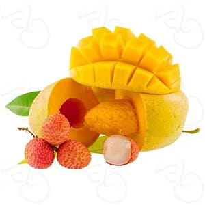 A vibrant mix of tropical fruits with a glowing, cosmic background, symbolizing the mysterious and out-of-this-world flavor of Area 52.