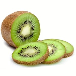 Fresh kiwi fruit, whole and sliced open to reveal its bright green flesh and black seeds, showcasing its tangy and sweet flavor.