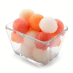 Bottle of Melon Medley vape juice with slices of honeydew, cantaloupe, and watermelon, highlighting its sweet melon blend.