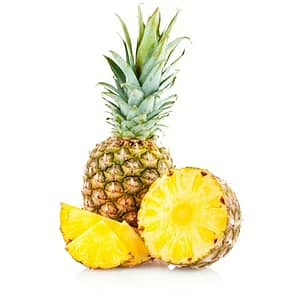 Bottle of Pineapple vape juice surrounded by fresh, juicy pineapple slices, highlighting its sweet and tangy tropical flavor.