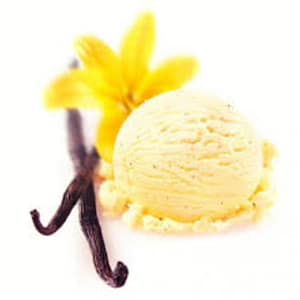 A scoop of vanilla bean ice cream with visible vanilla specks, highlighting its rich and creamy dessert flavor.
