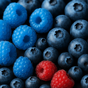 Fresh blueberries alongside blue raspberry candies, showcasing the sweet and tangy double-berry flavor blend.